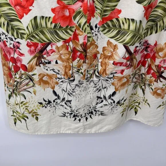 Talbots Skirt Womens 12 White Linen Cotton Tropical Floral Print Lined Pockets