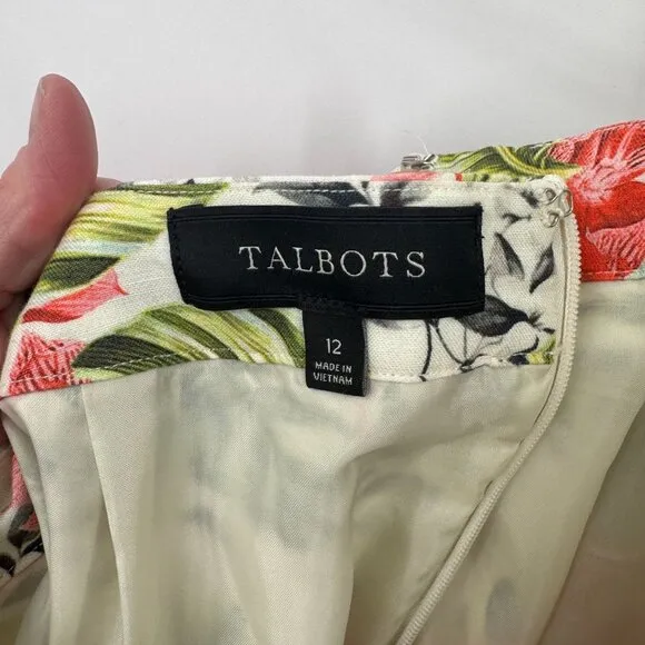 Talbots Skirt Womens 12 White Linen Cotton Tropical Floral Print Lined Pockets