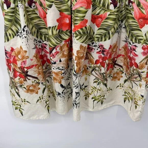 Talbots Skirt Womens 12 White Linen Cotton Tropical Floral Print Lined Pockets