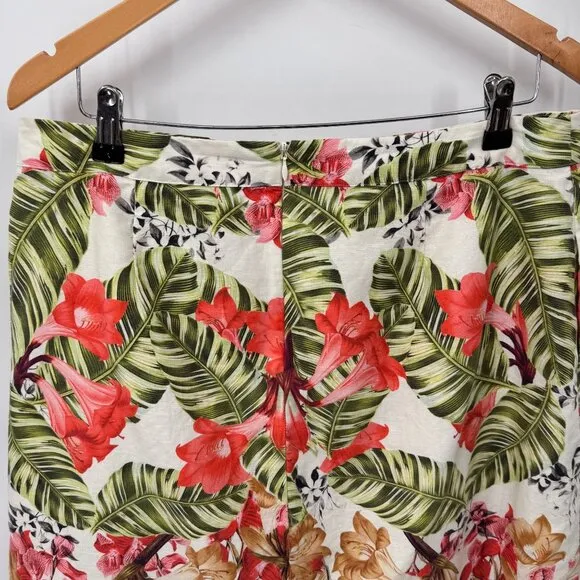 Talbots Skirt Womens 12 White Linen Cotton Tropical Floral Print Lined Pockets