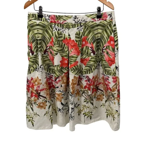 Talbots Skirt Womens 12 White Linen Cotton Tropical Floral Print Lined Pockets