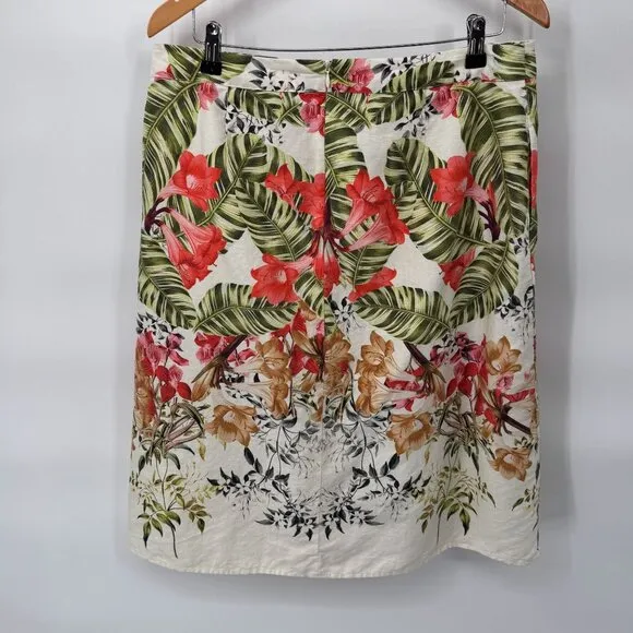 Talbots Skirt Womens 12 White Linen Cotton Tropical Floral Print Lined Pockets