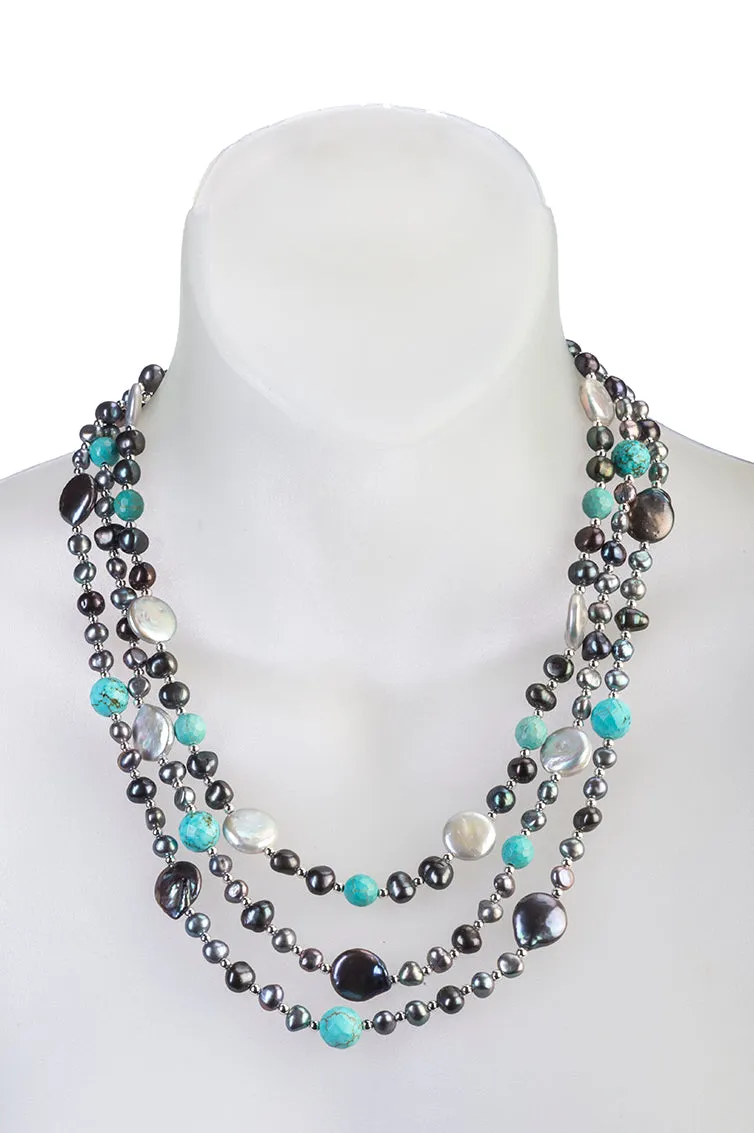 Three Strand Pearl and Turquoise Necklace