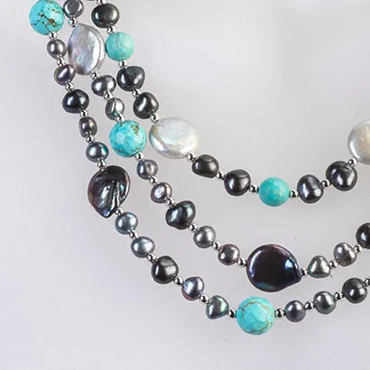 Three Strand Pearl and Turquoise Necklace
