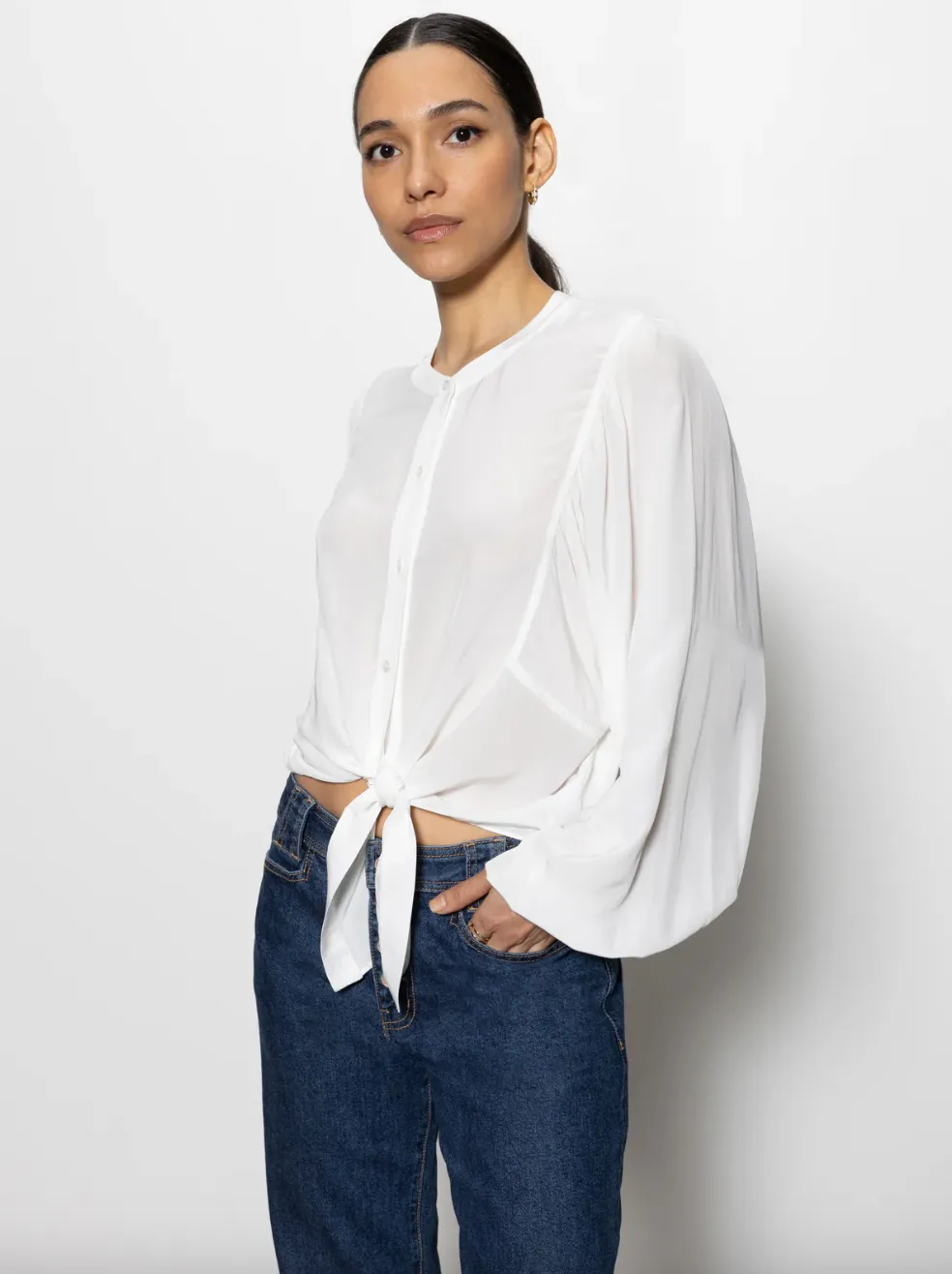 Tie Front Volume Blouse-Chalk