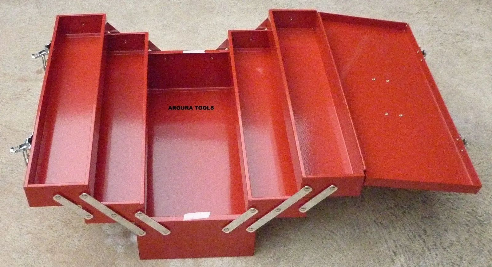 TOOL BOX -5 TRAY- ALL METAL- FOLDING CANTILEVER TYPE WITH TWO LOCK CATCHES- NEW.