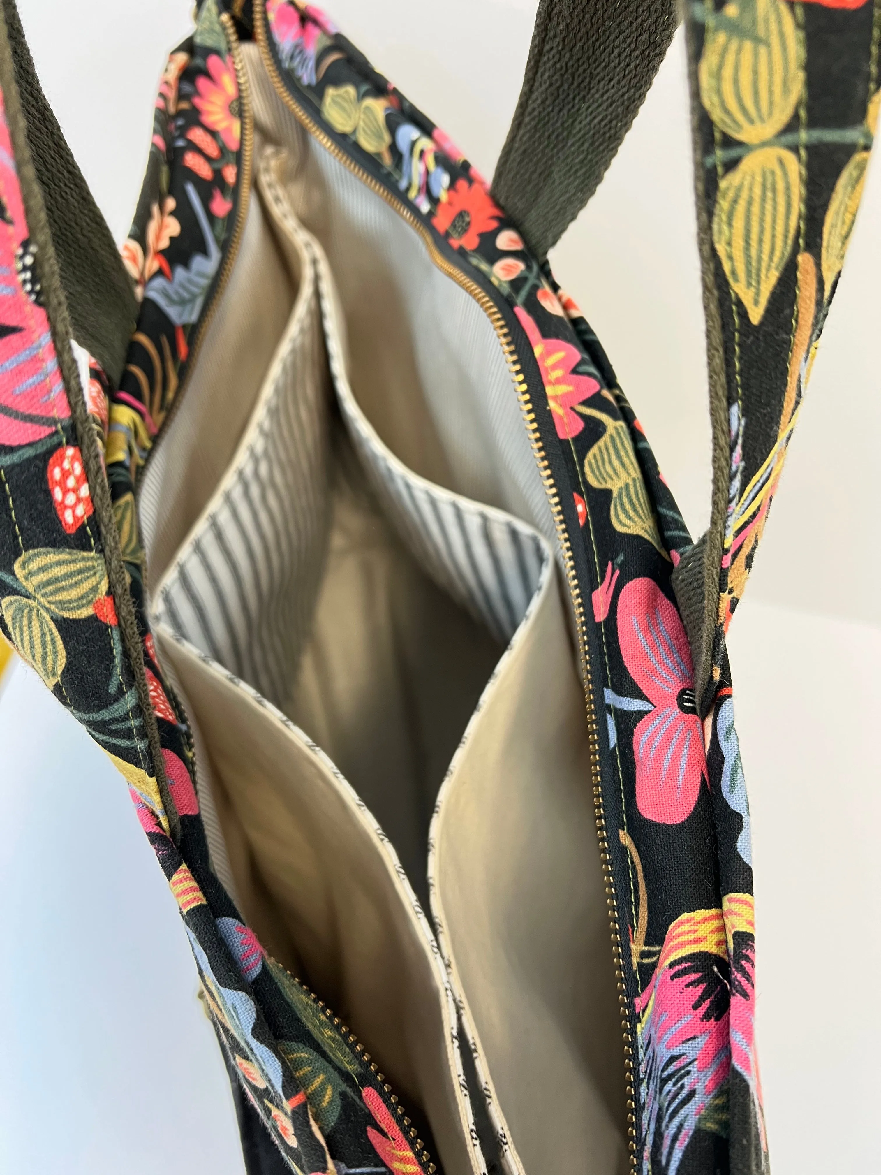 Traveller Tote Bag Black Waxed Canvas & Folk Birds Linen, Project Tote