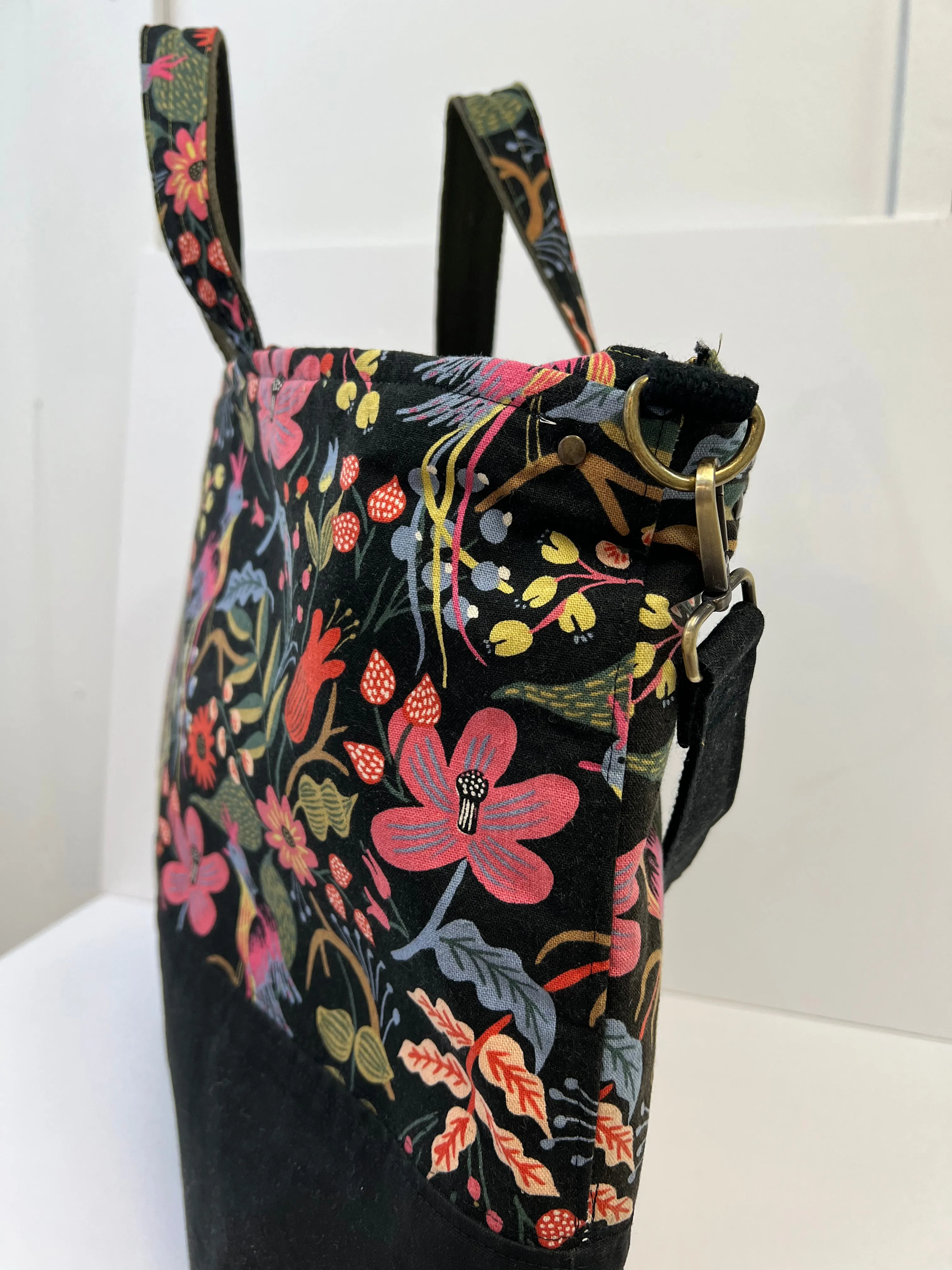 Traveller Tote Bag Black Waxed Canvas & Folk Birds Linen, Project Tote