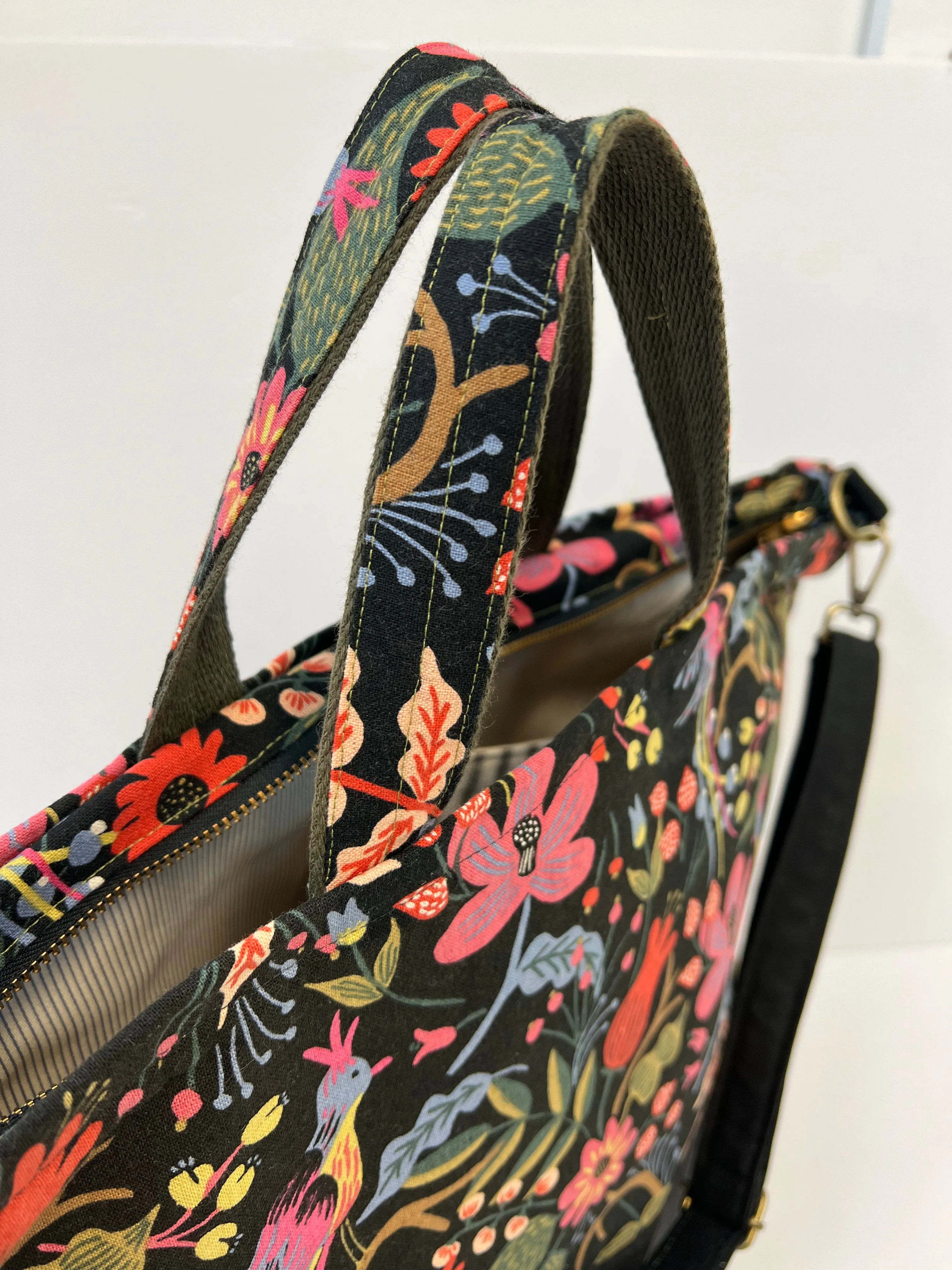 Traveller Tote Bag Black Waxed Canvas & Folk Birds Linen, Project Tote