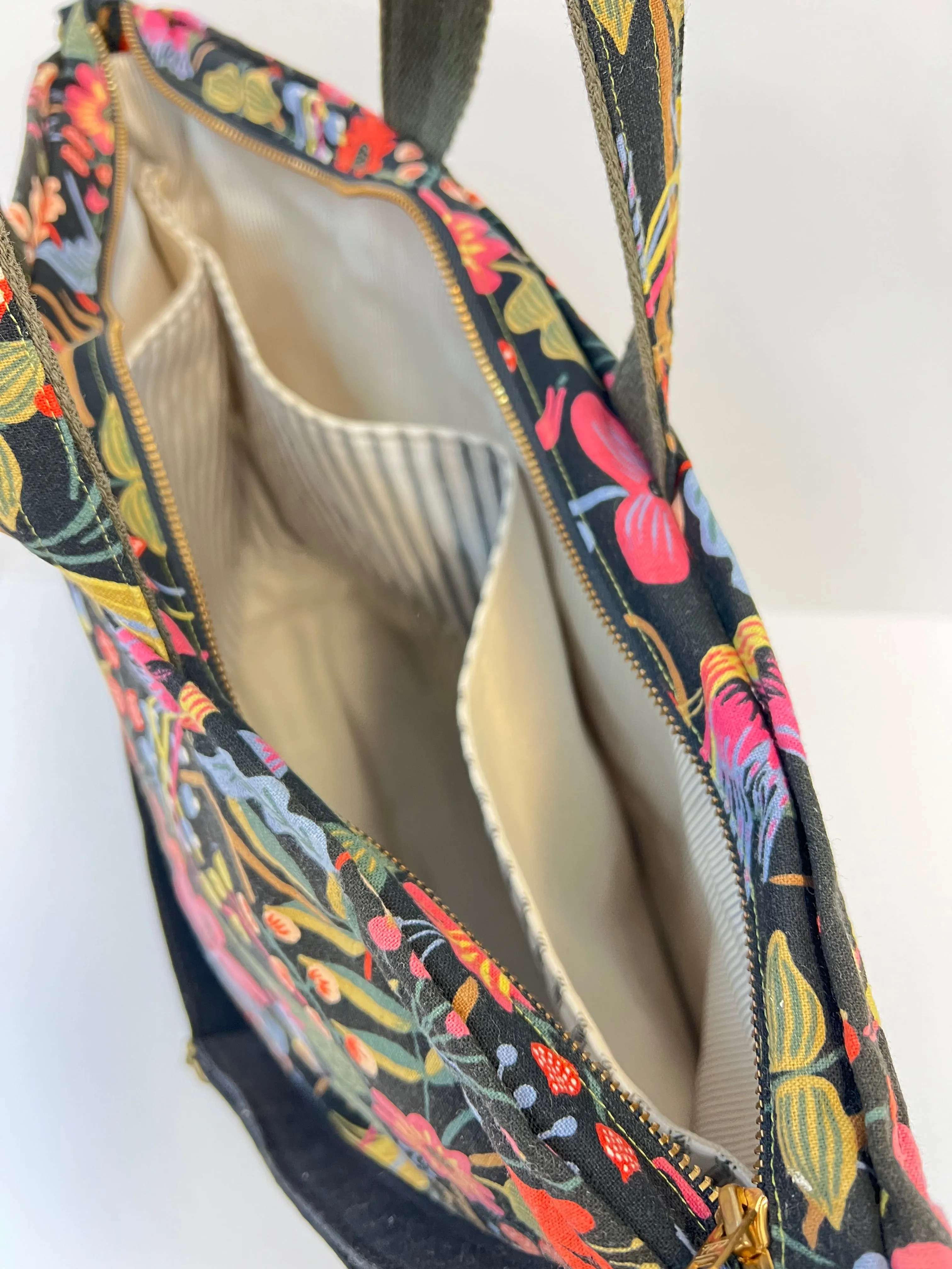 Traveller Tote Bag Black Waxed Canvas & Folk Birds Linen, Project Tote