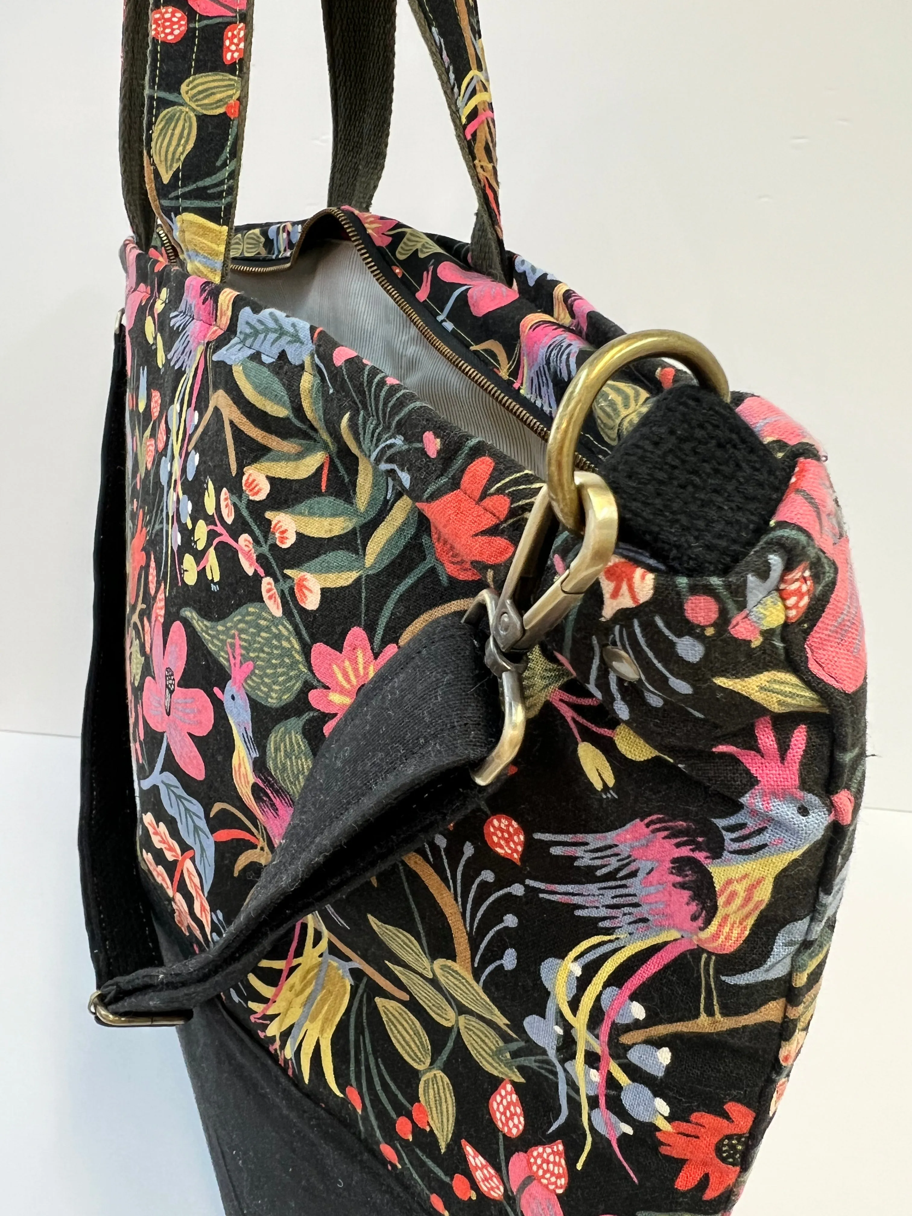 Traveller Tote Bag Black Waxed Canvas & Folk Birds Linen, Project Tote