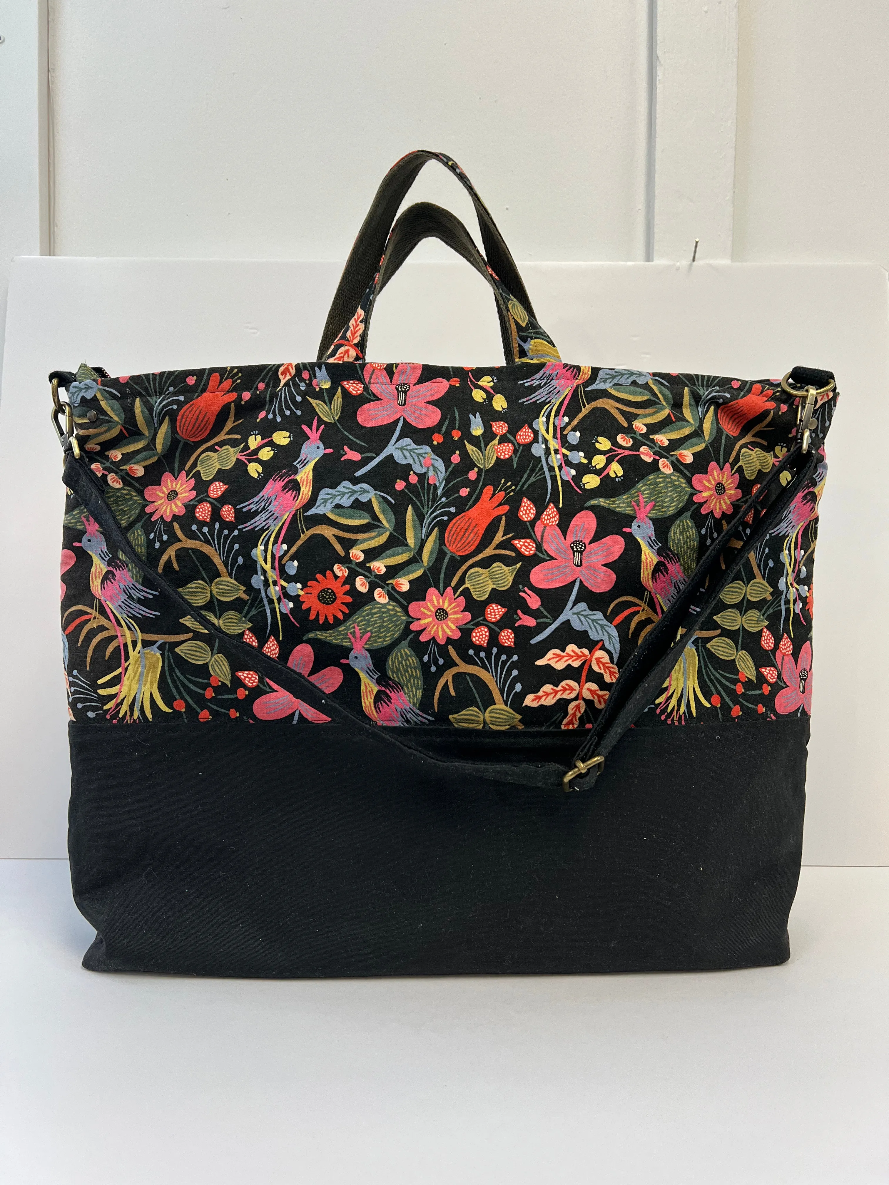 Traveller Tote Bag Black Waxed Canvas & Folk Birds Linen, Project Tote
