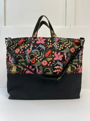 Traveller Tote Bag Black Waxed Canvas & Folk Birds Linen, Project Tote