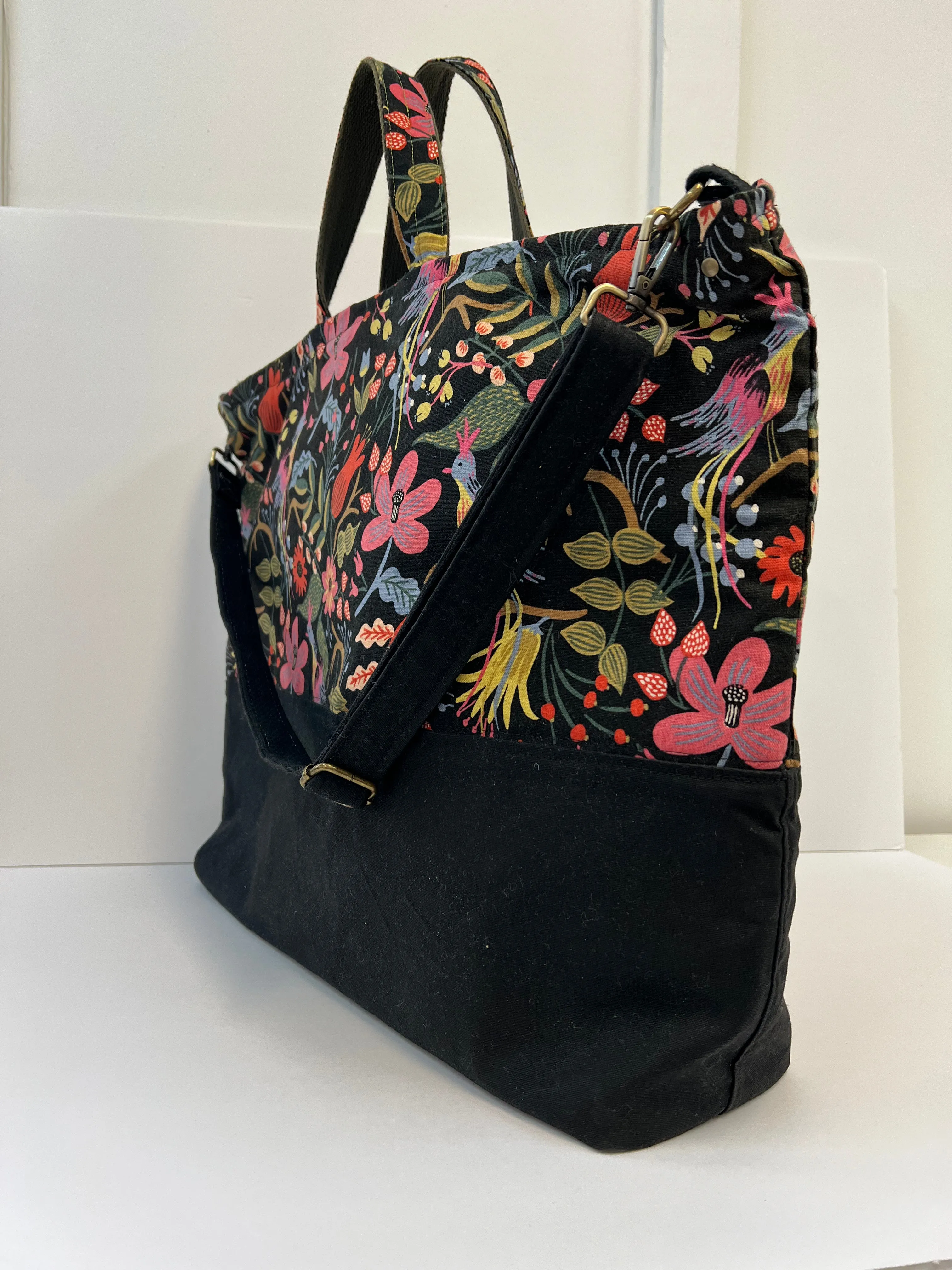 Traveller Tote Bag Black Waxed Canvas & Folk Birds Linen, Project Tote