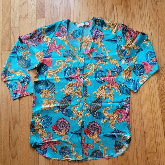Victorias Secret Gold Label Floral Silk Nightgown  Large Turquoise
