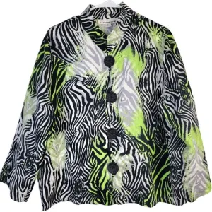 Vintage 80s Linen Blazer Jacket Women Large Colorful Wild Zebra Button Coat 14 L