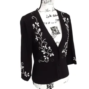Vintage Silk Blend Cardigan Sweater White Embroidered Floral Womens M Coquette