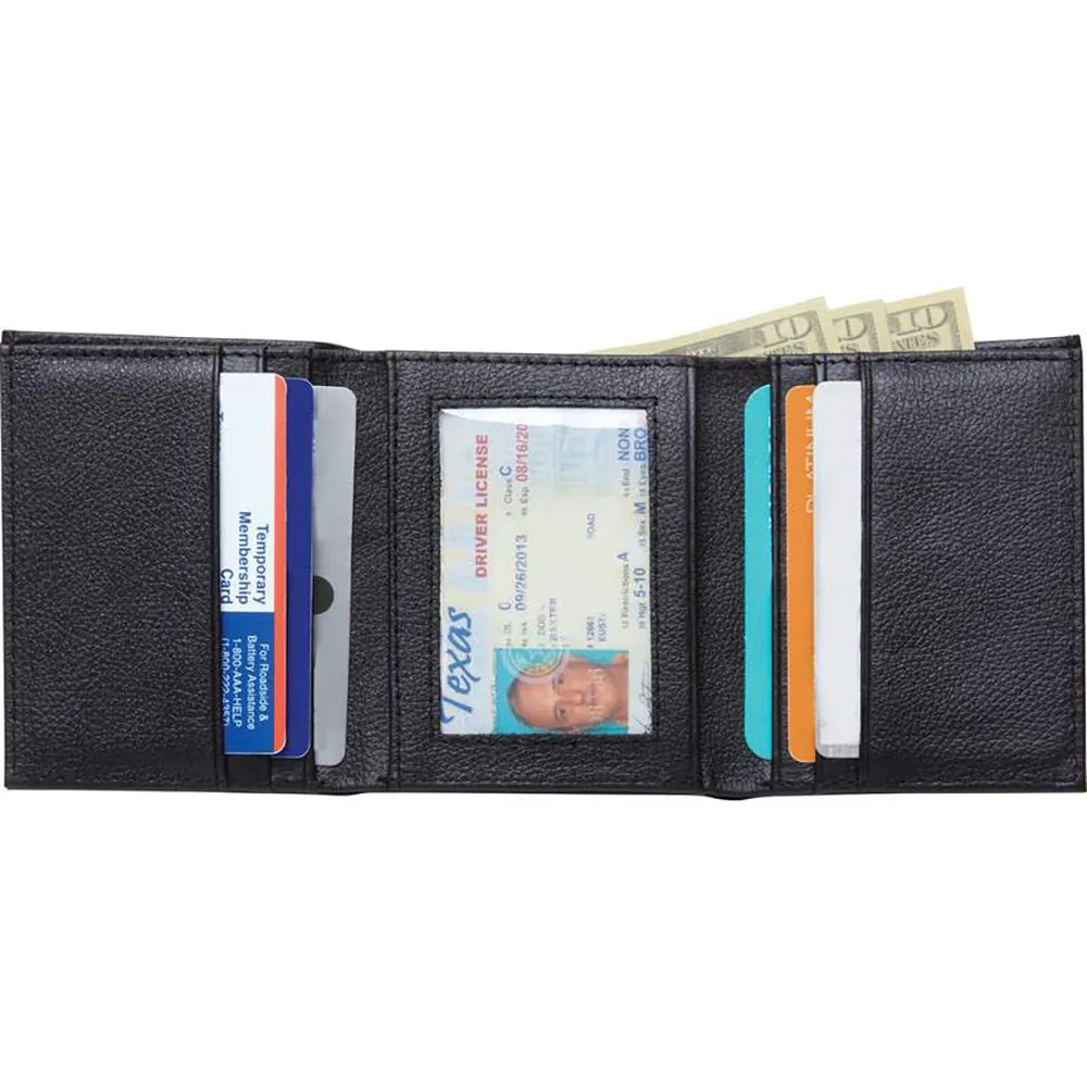 Wallet Men's Slim Black Tri-Fold Solid Buffalo Leather Credit Card Money Holder