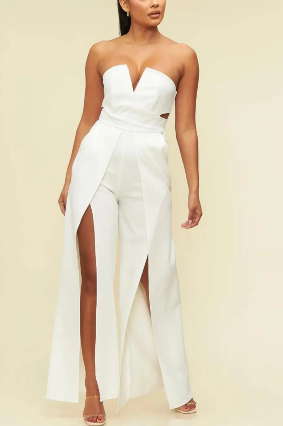 White Party Split Leg Strapless Jumpsuit