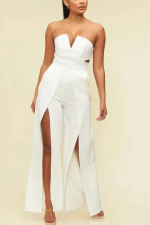 White Party Split Leg Strapless Jumpsuit