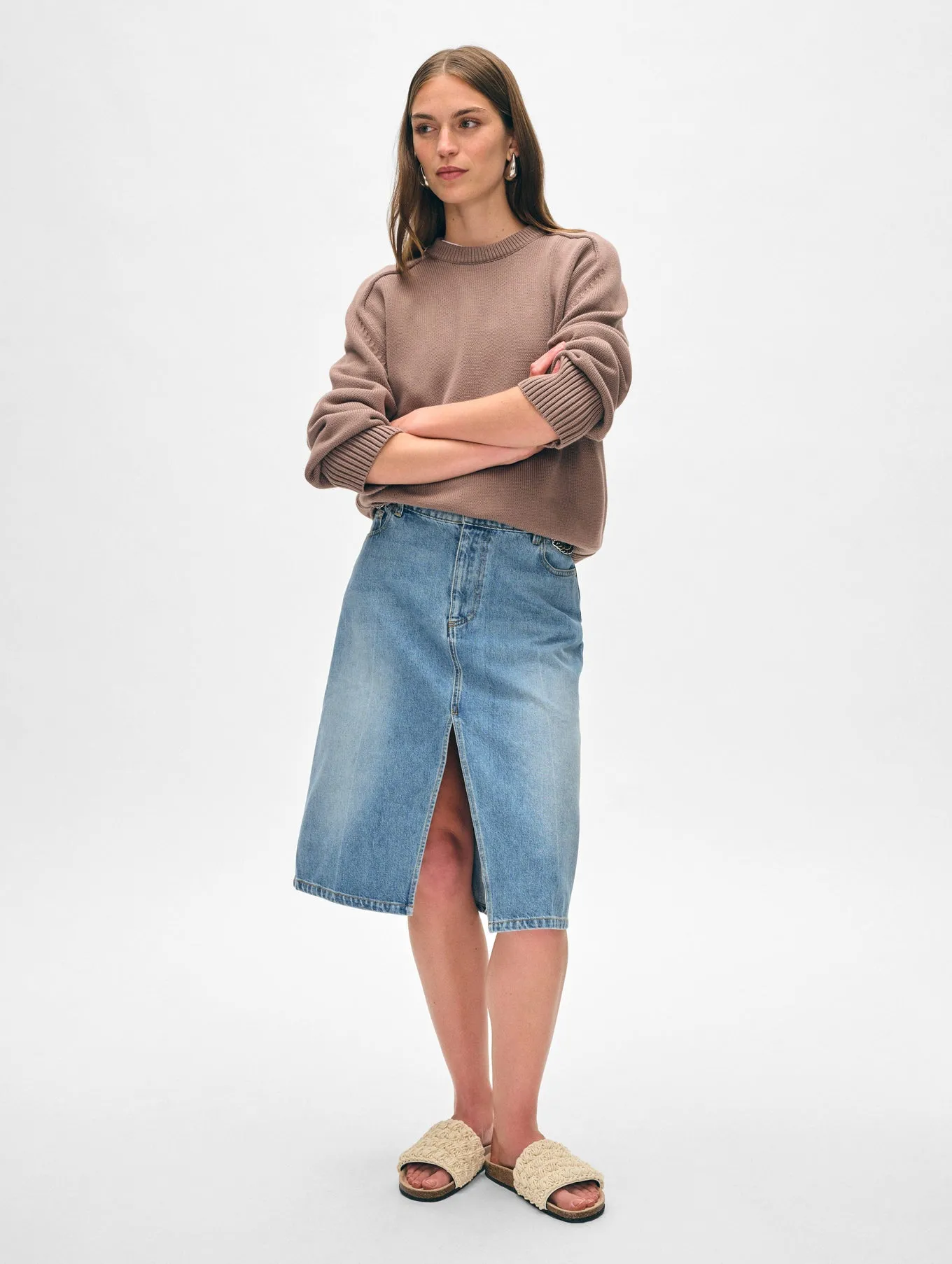 White   Warren - Organic Cotton Saddle Sleeve Crewneck Sweater - Mocha