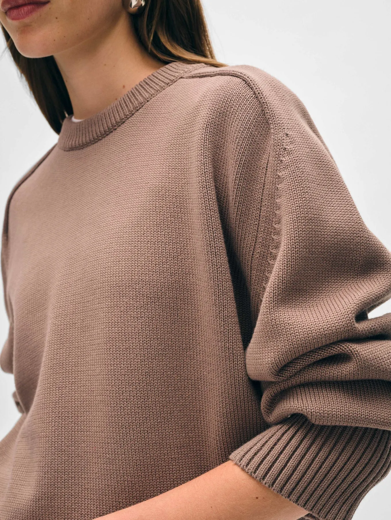 White   Warren - Organic Cotton Saddle Sleeve Crewneck Sweater - Mocha