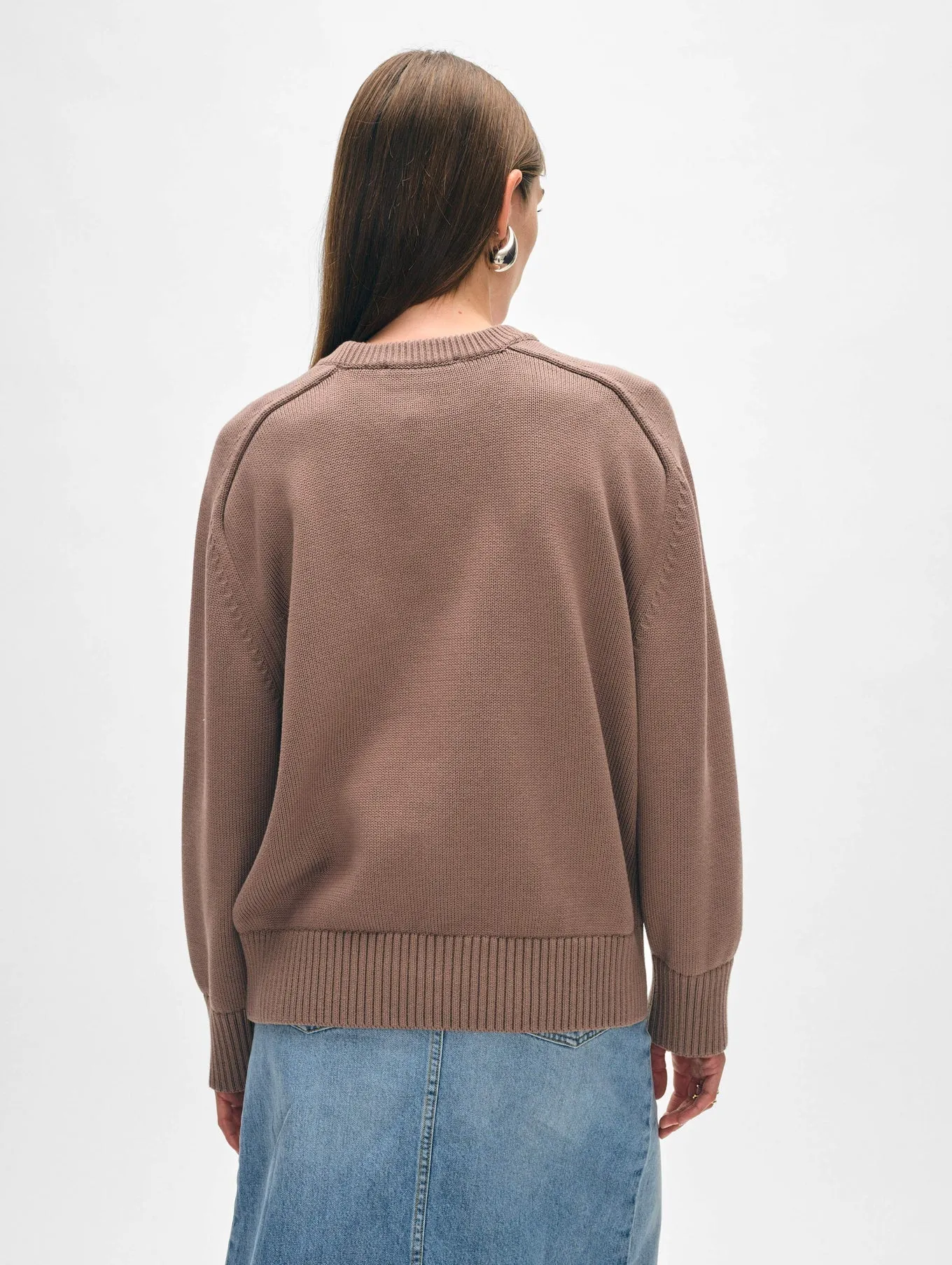 White   Warren - Organic Cotton Saddle Sleeve Crewneck Sweater - Mocha