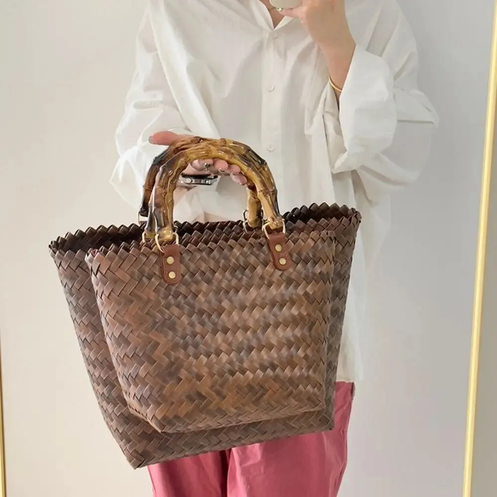 Women Woven Large Capacity Bamboo Handle Handbags Crochet Bag Casual Female Shopping Tote Bags Vacation Beach Bag