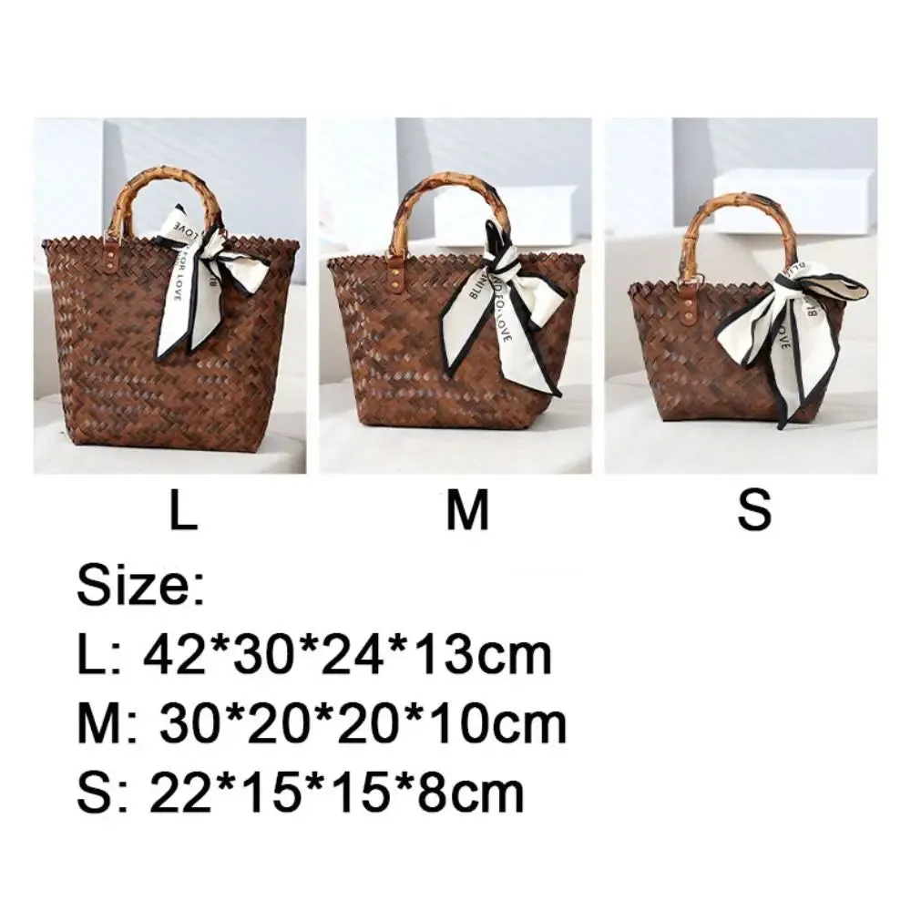 Women Woven Large Capacity Bamboo Handle Handbags Crochet Bag Casual Female Shopping Tote Bags Vacation Beach Bag