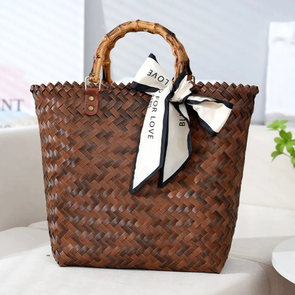Women Woven Large Capacity Bamboo Handle Handbags Crochet Bag Casual Female Shopping Tote Bags Vacation Beach Bag