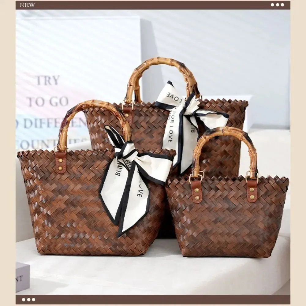 Women Woven Large Capacity Bamboo Handle Handbags Crochet Bag Casual Female Shopping Tote Bags Vacation Beach Bag