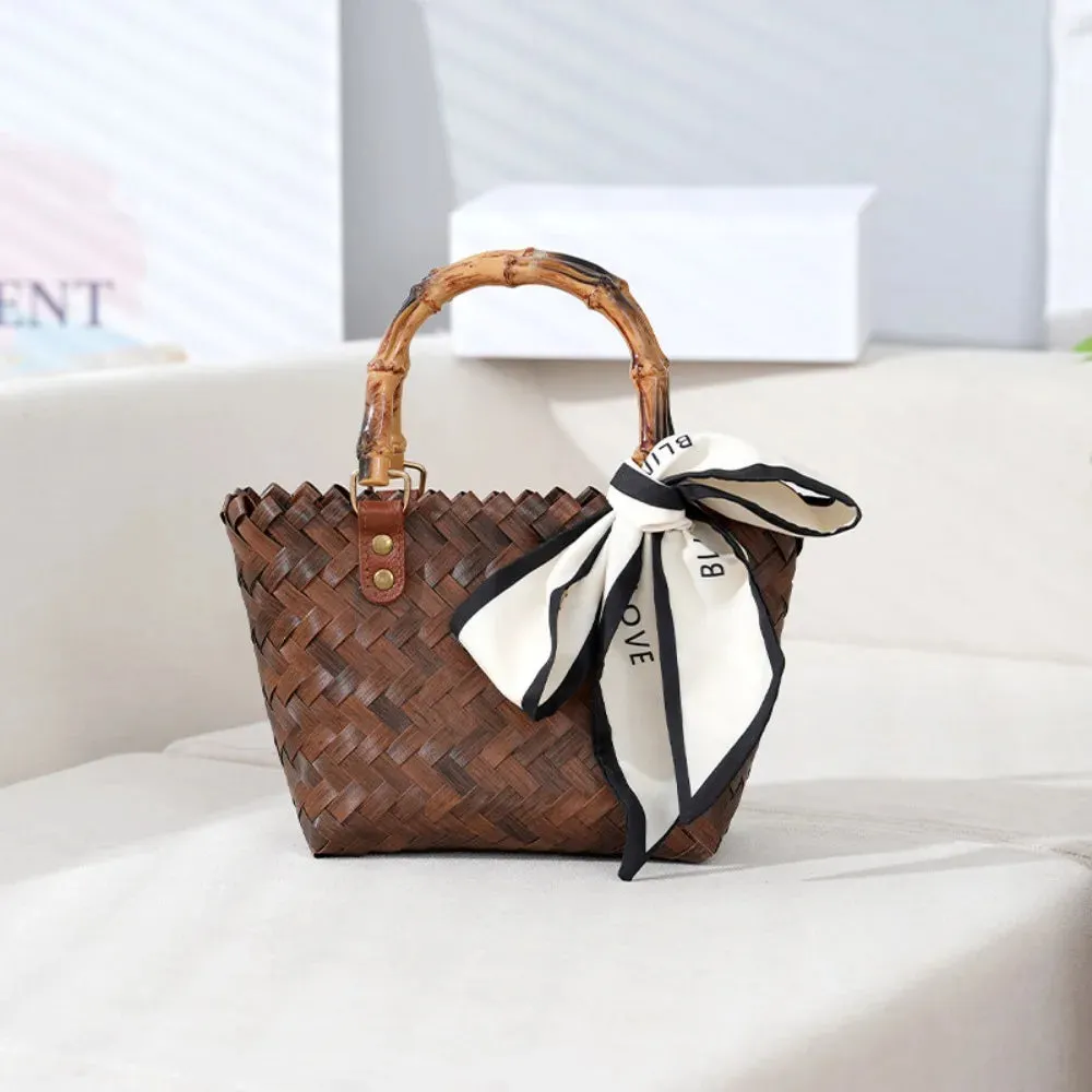 Women Woven Large Capacity Bamboo Handle Handbags Crochet Bag Casual Female Shopping Tote Bags Vacation Beach Bag