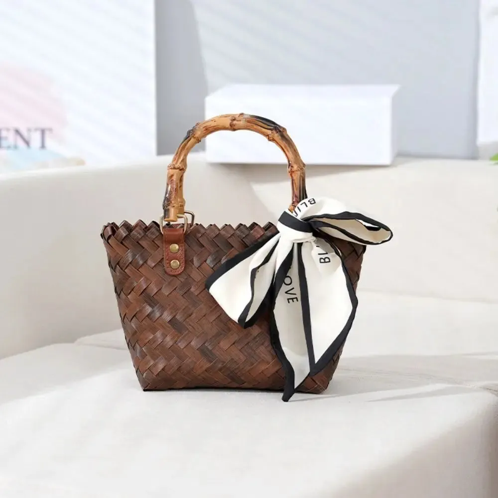 Women Woven Large Capacity Bamboo Handle Handbags Crochet Bag Casual Female Shopping Tote Bags Vacation Beach Bag
