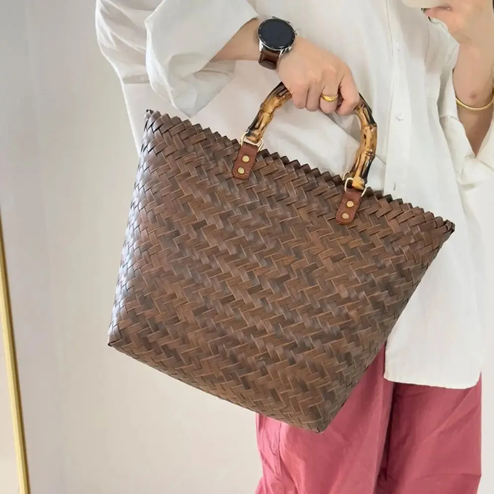 Women Woven Large Capacity Bamboo Handle Handbags Crochet Bag Casual Female Shopping Tote Bags Vacation Beach Bag
