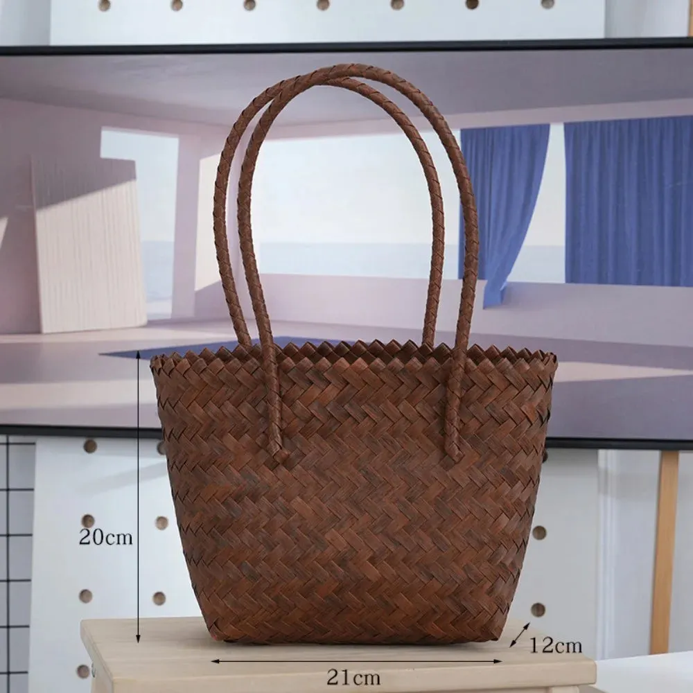 Women Woven Large Capacity Bamboo Handle Handbags Crochet Bag Casual Female Shopping Tote Bags Vacation Beach Bag