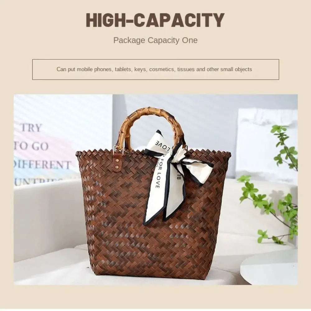 Women Woven Large Capacity Bamboo Handle Handbags Crochet Bag Casual Female Shopping Tote Bags Vacation Beach Bag