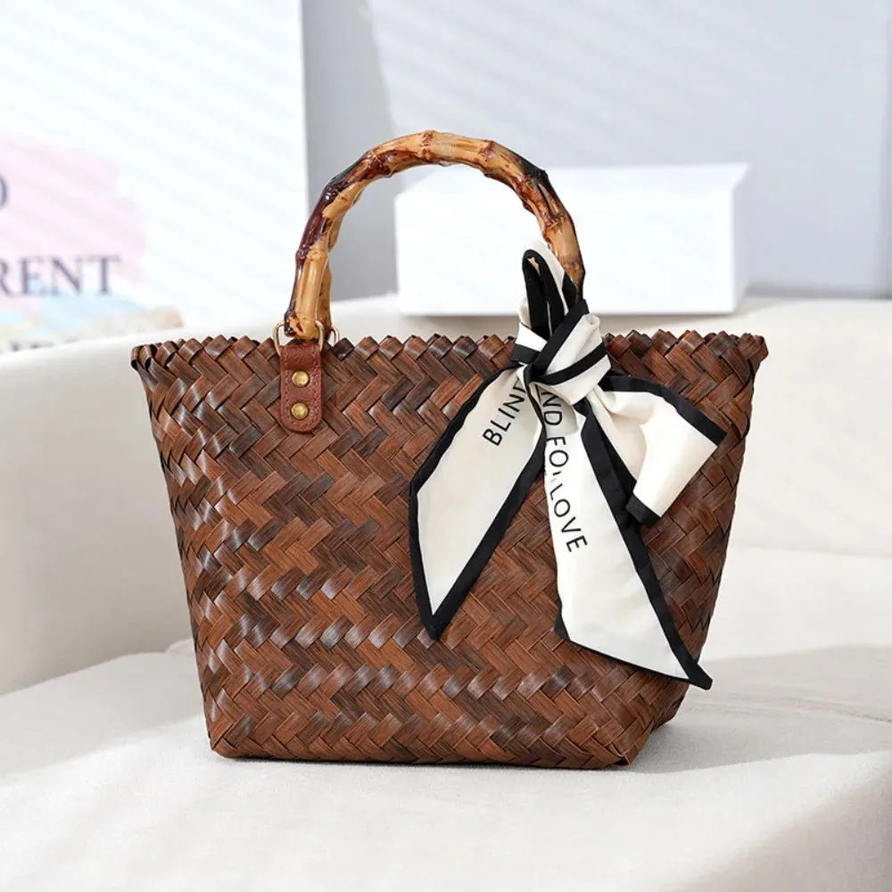 Women Woven Large Capacity Bamboo Handle Handbags Crochet Bag Casual Female Shopping Tote Bags Vacation Beach Bag
