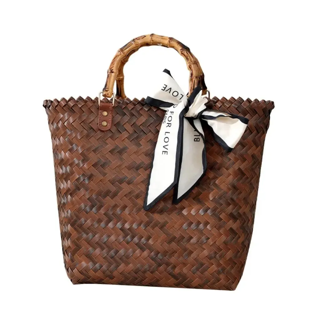 Women Woven Large Capacity Bamboo Handle Handbags Crochet Bag Casual Female Shopping Tote Bags Vacation Beach Bag