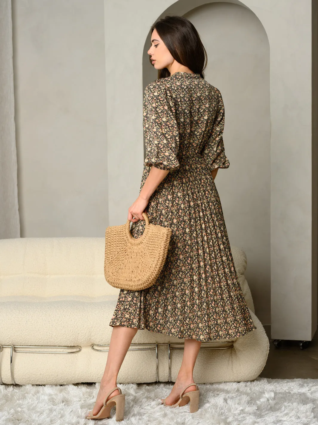 WOMEN'S DITSY FLORAL PRINT WITH PLEATED SKIRT MAXI DRESS