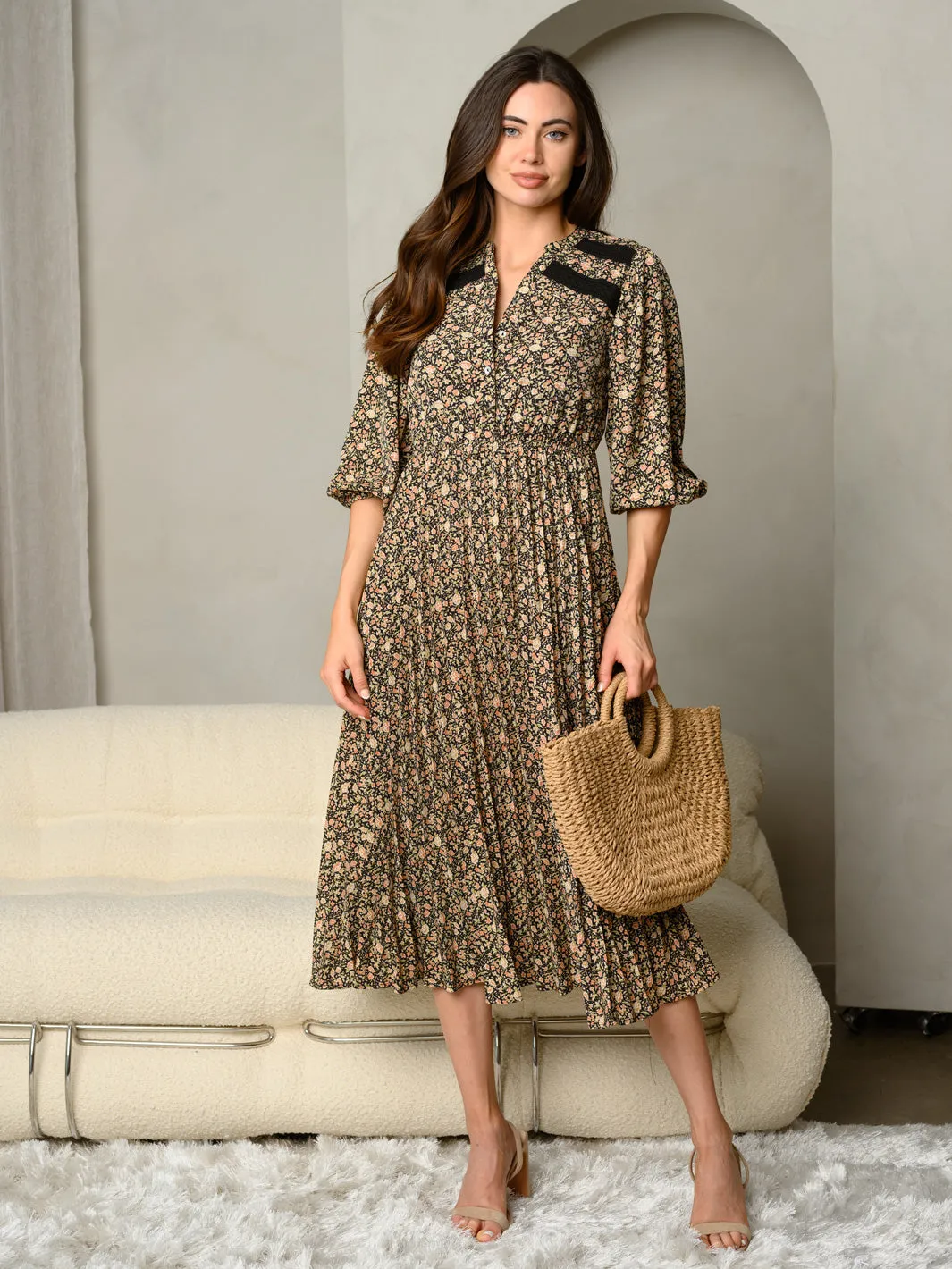 WOMEN'S DITSY FLORAL PRINT WITH PLEATED SKIRT MAXI DRESS