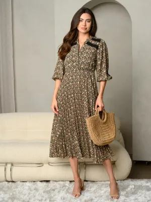 WOMEN'S DITSY FLORAL PRINT WITH PLEATED SKIRT MAXI DRESS