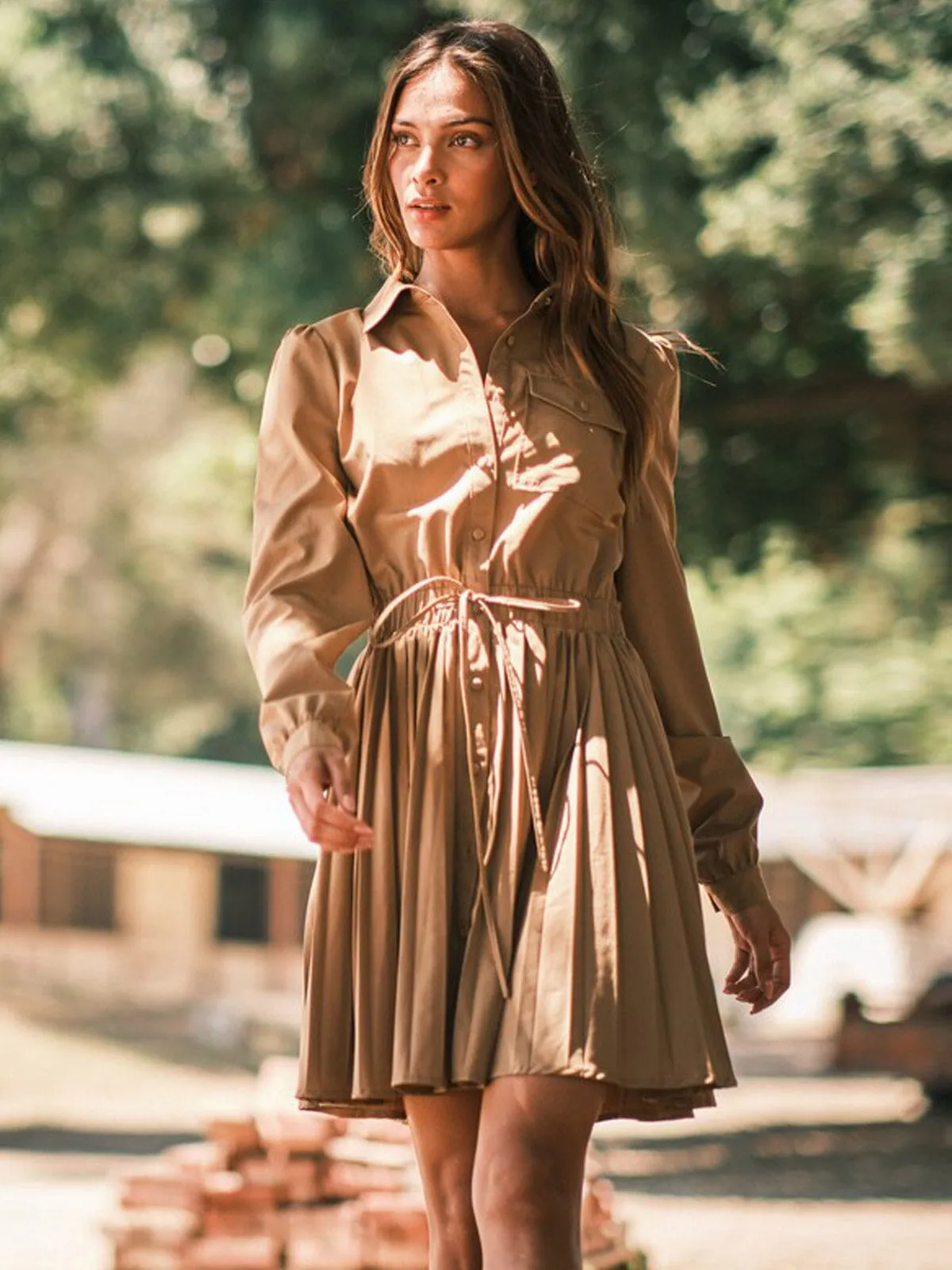 WOMEN'S LONG SLEEVE BUTTON CLOSURE FRONT POCKETS ADJUSTABLE WAIST MINI DRESS