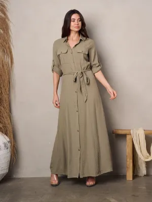 WOMEN'S LONG SLEEVE BUTTON UP SELF TIE MAXI DRESS