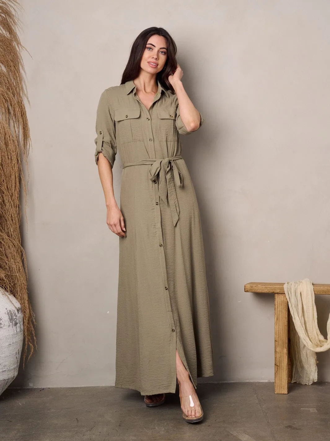 WOMEN'S LONG SLEEVE BUTTON UP SELF TIE MAXI DRESS