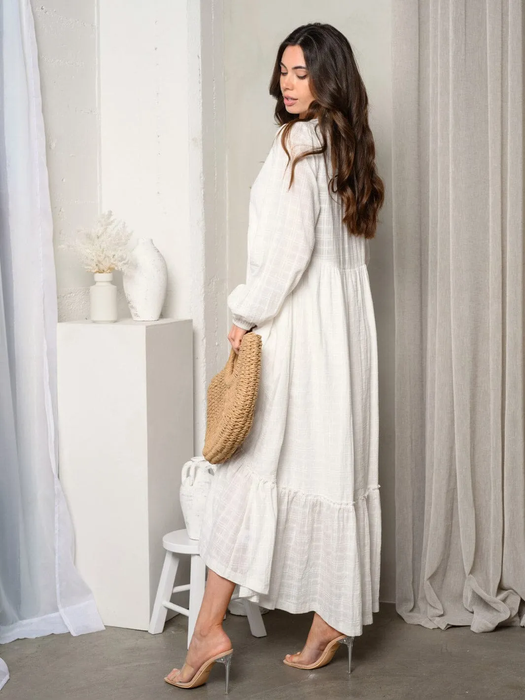 WOMEN'S LONG SLEEVE BUTTON UP TIERED POCKET MAXI DRESS
