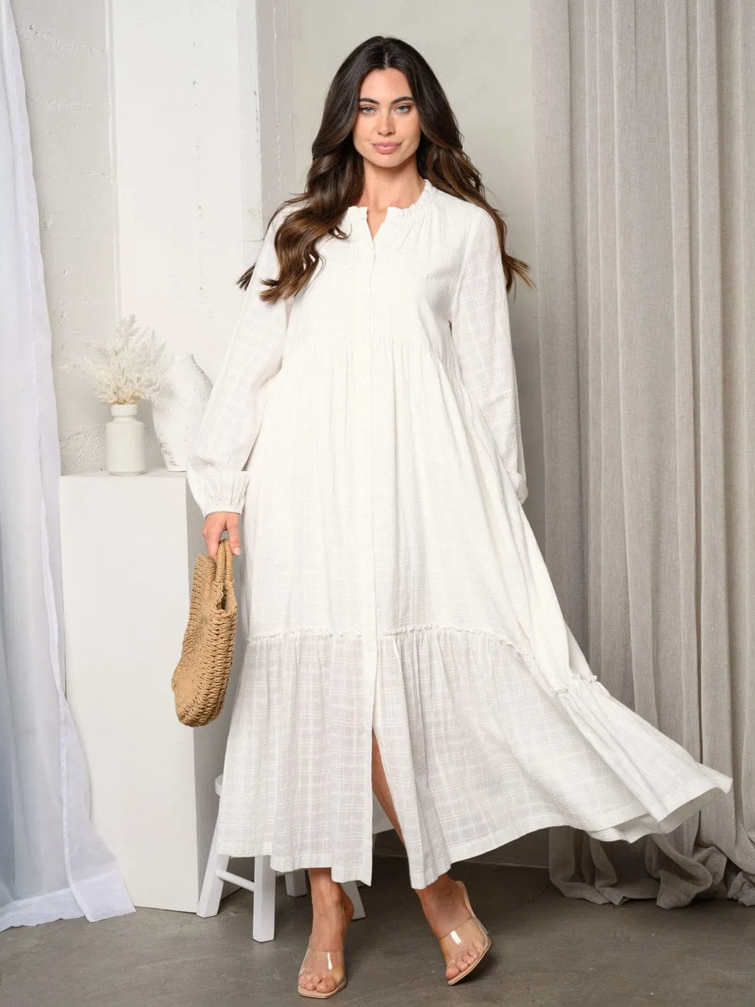 WOMEN'S LONG SLEEVE BUTTON UP TIERED POCKET MAXI DRESS