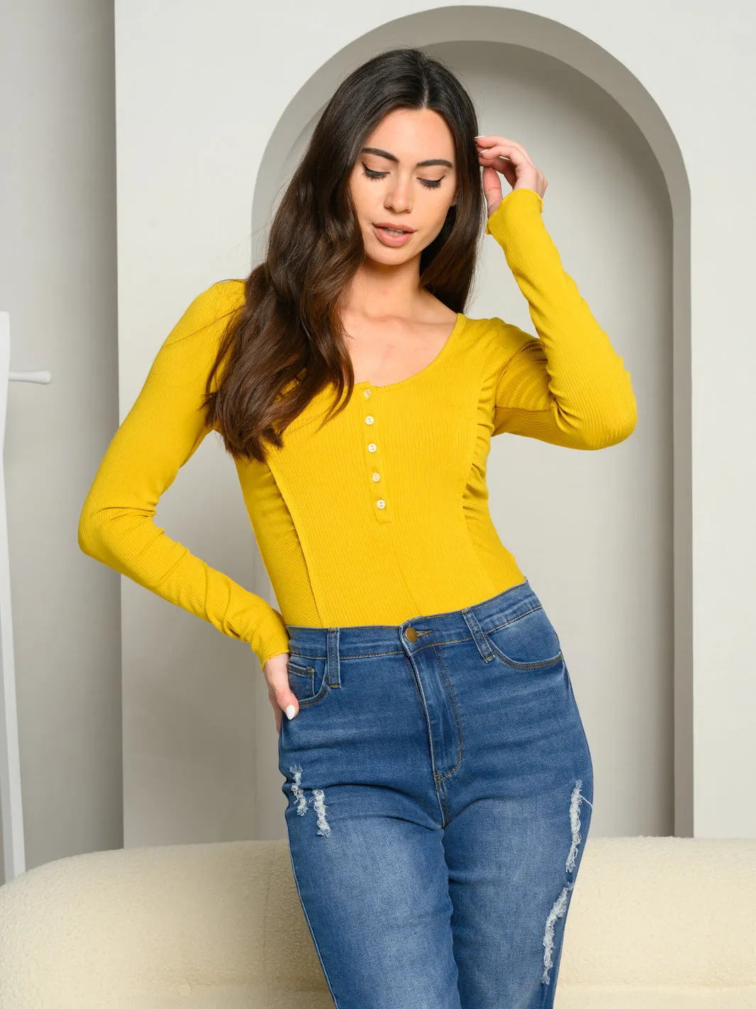 WOMEN'S LONG SLEEVE SIDE RUCHED BODYSUIT