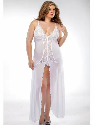 Women's Plus Size White Long Nightgown Mesh and Scalloped Silver Lace