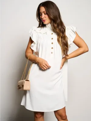 WOMEN'S RUFFLE SLEEVE BUTTON UP MOCK NECK POCKETS MINI DRESS