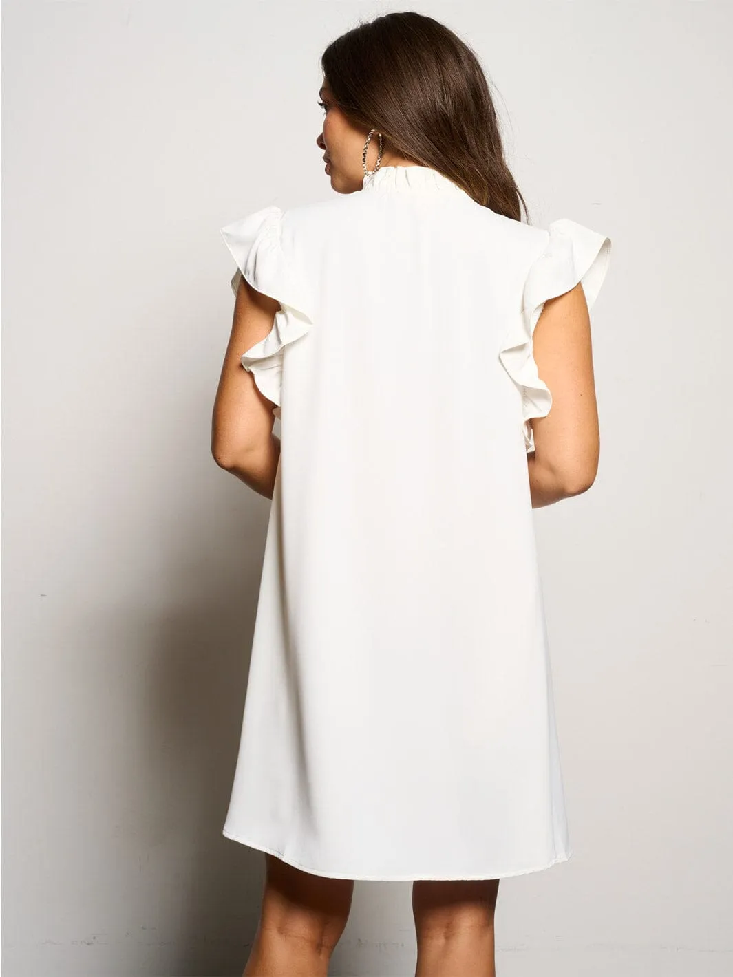 WOMEN'S RUFFLE SLEEVE BUTTON UP MOCK NECK POCKETS MINI DRESS